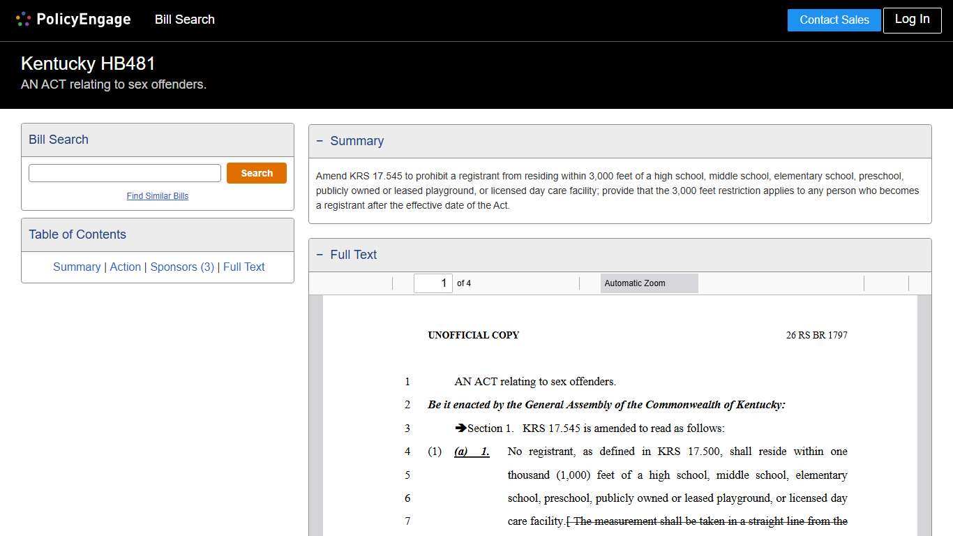 HB481 Kentucky 2026 AN ACT relating to sex offenders. - Legislative Tracking PolicyEngage